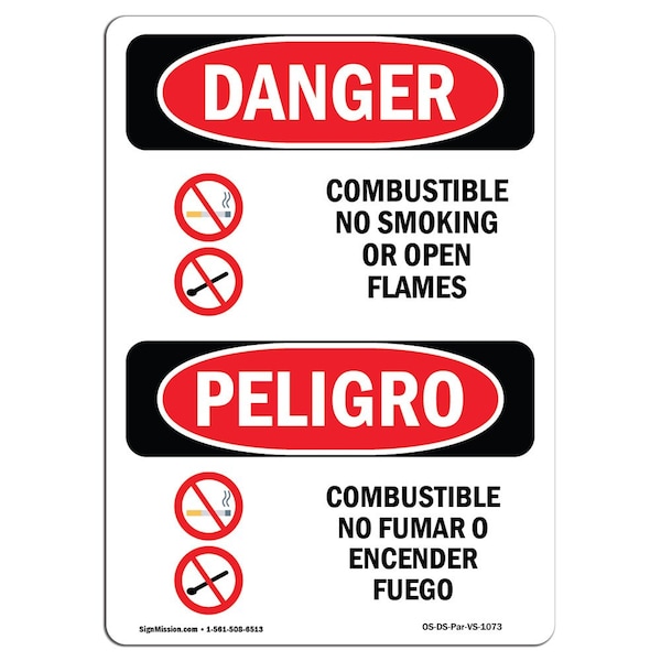 Safety Sign, OSHA, 24" Height, Aluminum, Combustible No Smoking Open Flames Spanish